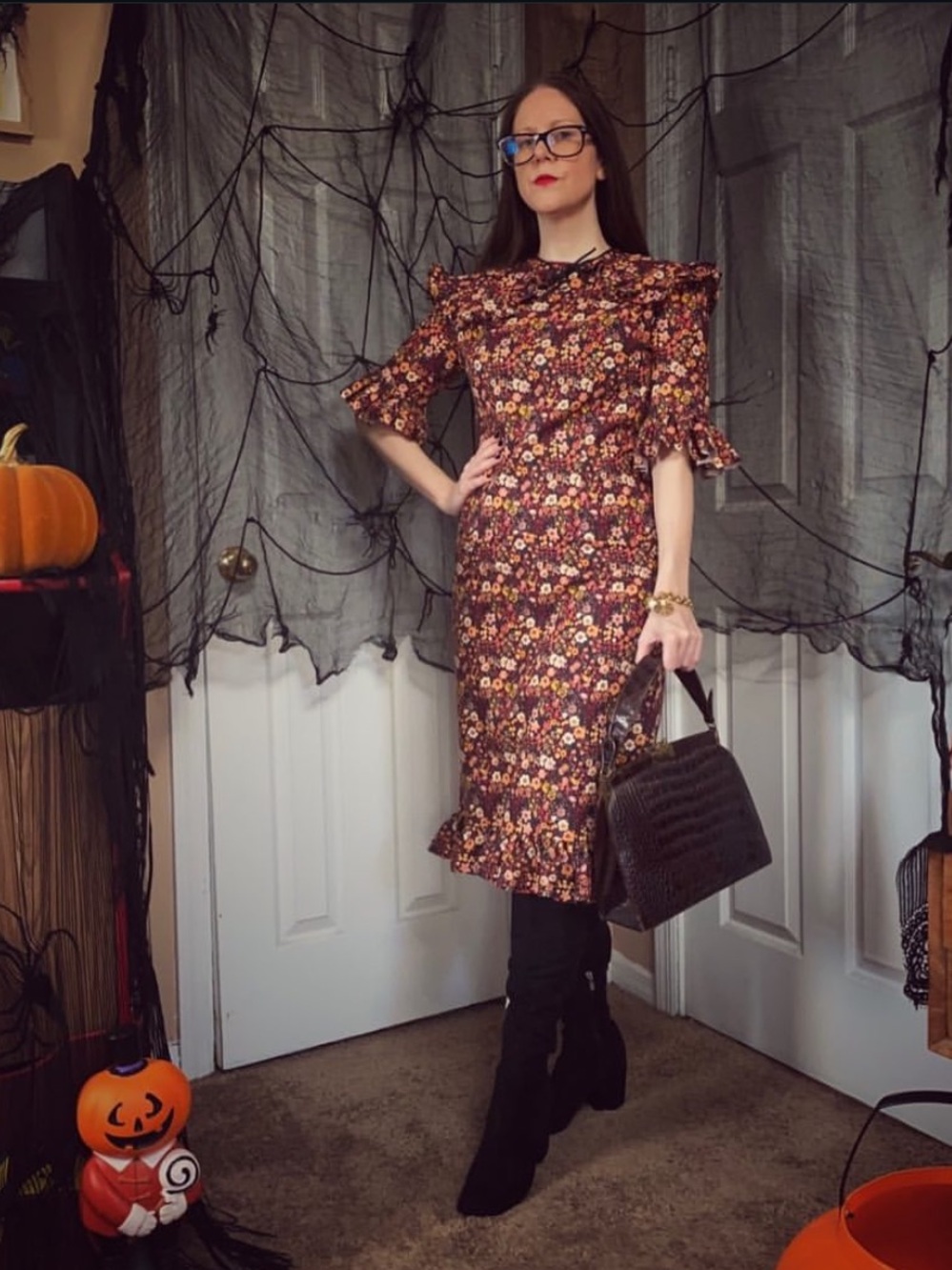 Handmade Cotton Dark Floral Print Ruffle Trim Dress